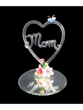 Glass Baron Heart Mom Gift Figure With Floral & Butterfly On Mirror Base 3"